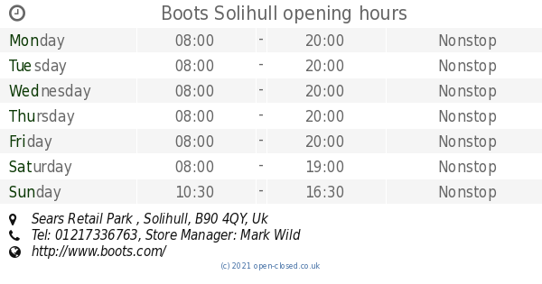 Boots Solihull opening times, Sears 