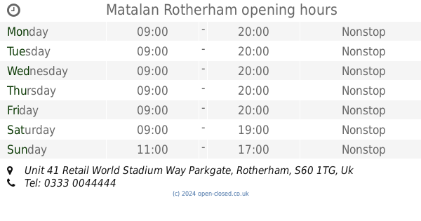 Matalan Rotherham opening times, Unit 41 Retail World Stadium Way Parkgate