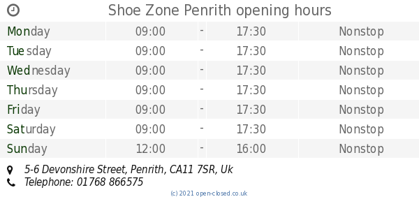 Shoe Zone Penrith opening times, 5-6 