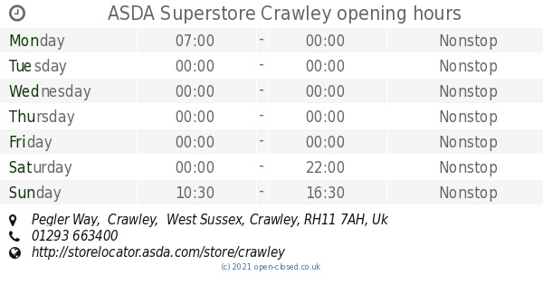 ASDA Superstore Crawley opening times Pegler Way Crawley West