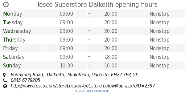 Tesco Superstore Dalkeith opening times, Bonnyrigg Road ...