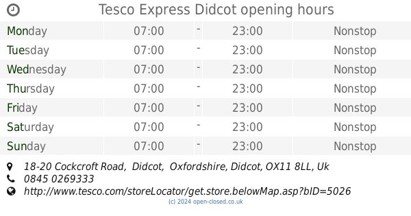 Tesco Express Didcot opening times, 18-20 Cockcroft Road, Didcot, Oxfordshire