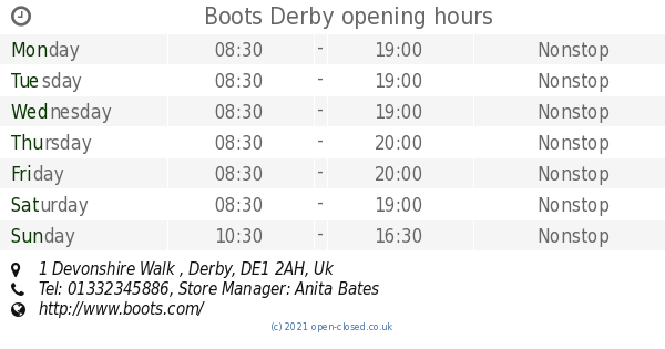 Boots Derby opening times, 1 Devonshire Walk