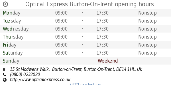 Optical Express Burton On Trent opening times 15 St Modwens Walk