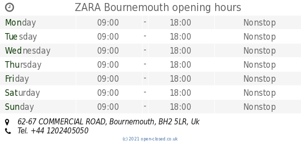 ZARA Bournemouth opening times, 62-67 