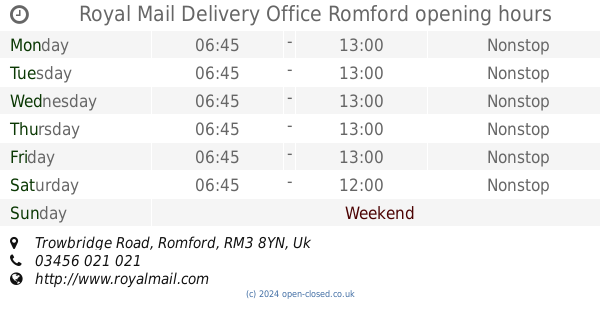 royal mail sorting office romford opening times