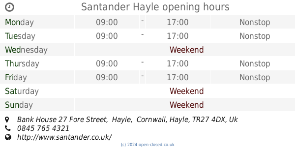 Santander Hayle opening times, Bank House 27 Fore Street ...