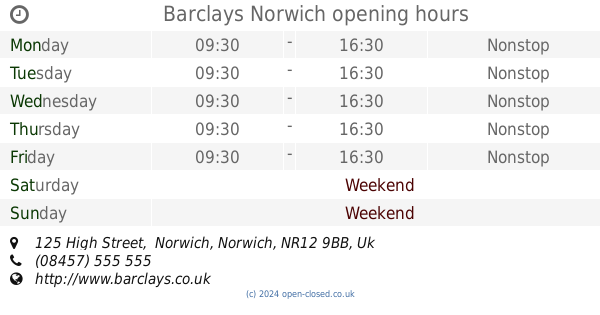 Barclays Norwich opening times, 125 High Street, Norwich