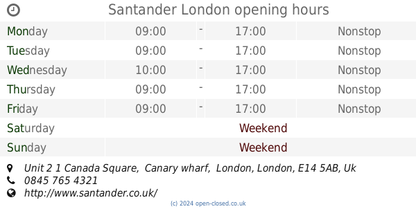 Santander London Opening Times, Unit 2 1 Canada Square, Canary Wharf ...